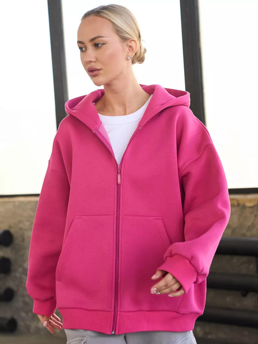 Casual Loose Long Sleeve Hooded Zip-up Sweatshirt