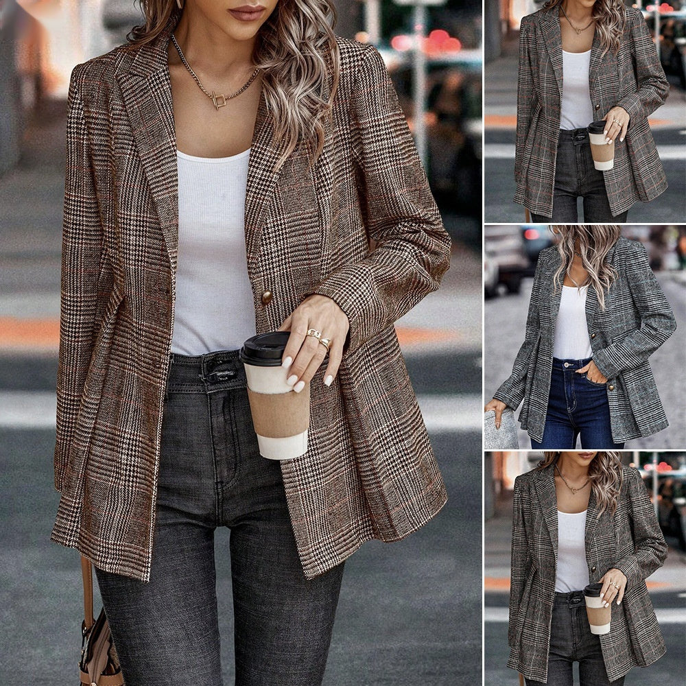 Best Selling Women's Clothes Plaid Coat Casual Patchwork Temperament