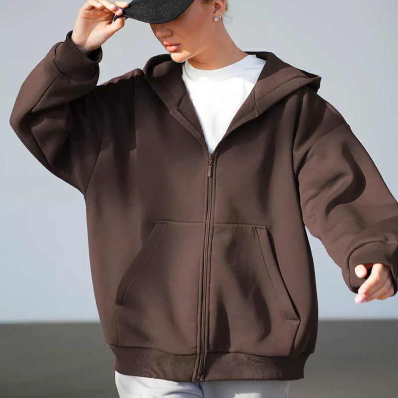 Casual Loose Long Sleeve Hooded Zip-up Sweatshirt