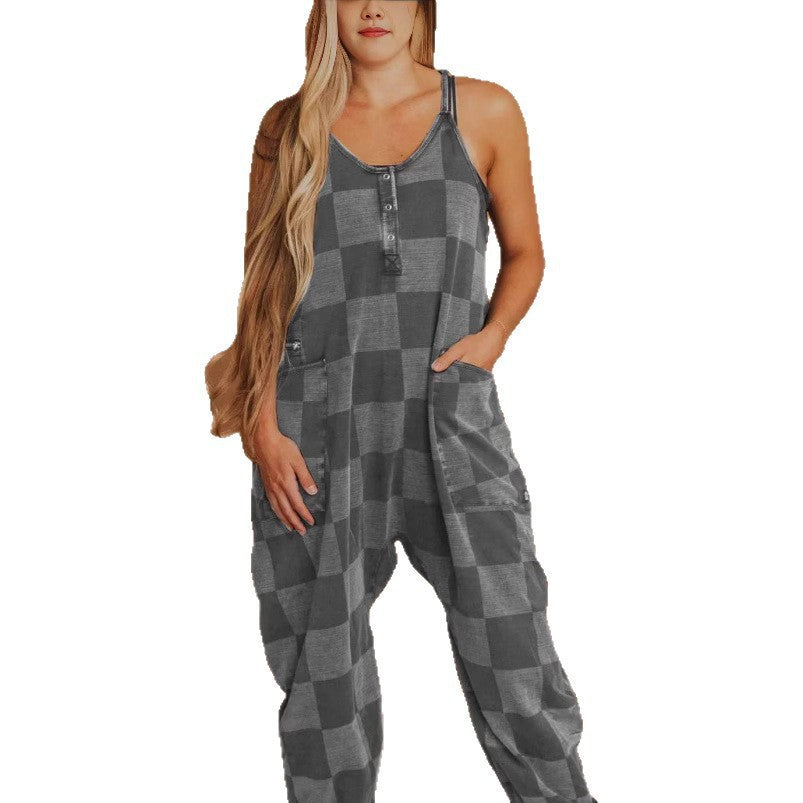 Fashion Plaid Colored Mosaic Loose Casual Jumpsuit