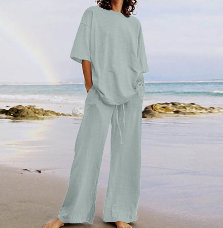 Cotton And Linen Home Solid Color Two-piece Suit