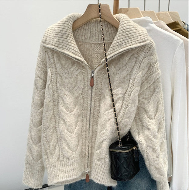 Double Zipper Cable Knit Sweater Coat For Women