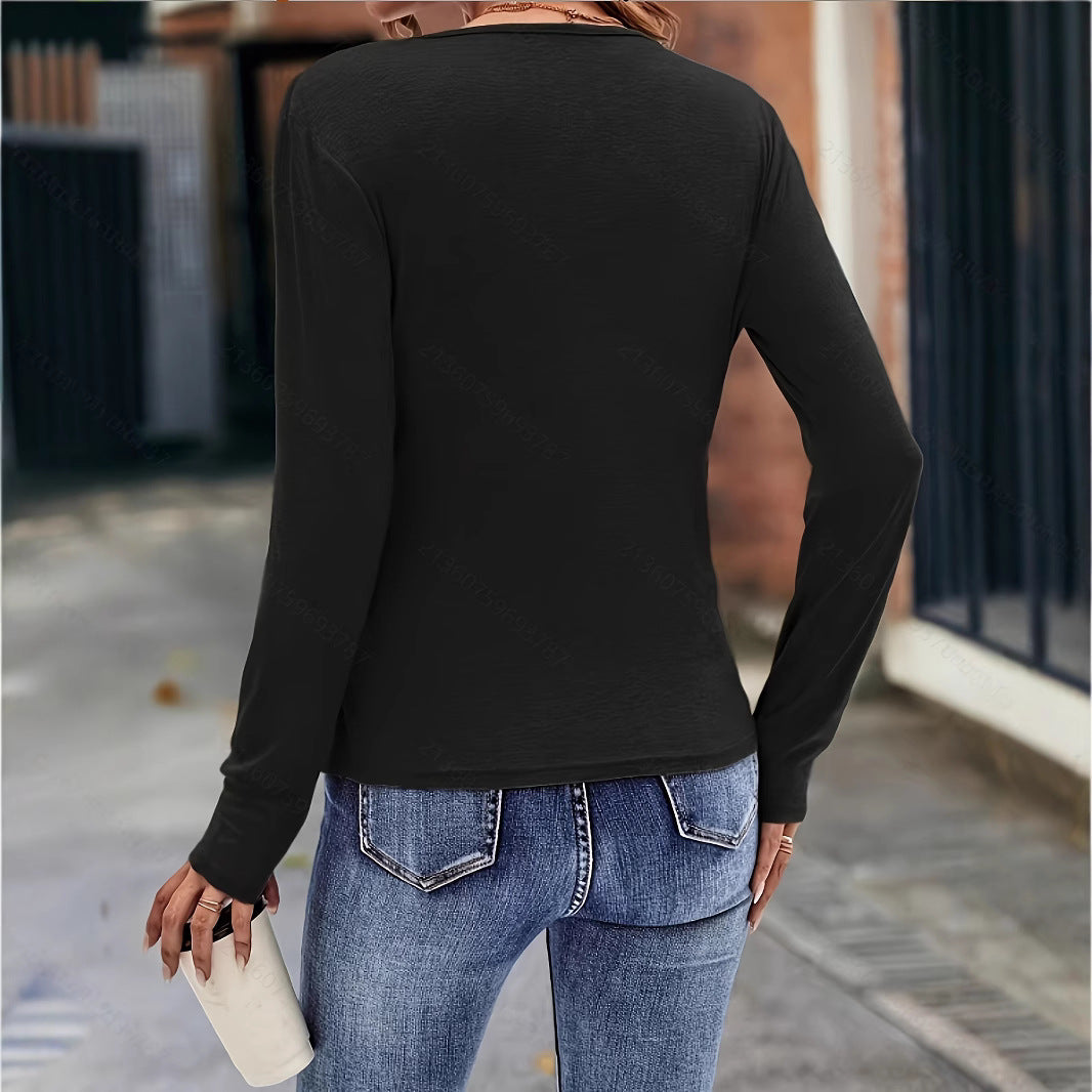 Long-sleeved V-neck Solid Color T-shirt Casual Top