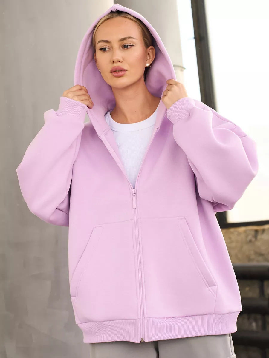 Casual Loose Long Sleeve Hooded Zip-up Sweatshirt