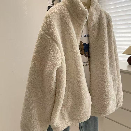 Women's Petite Thick Casual Stand-collar Furry Coat