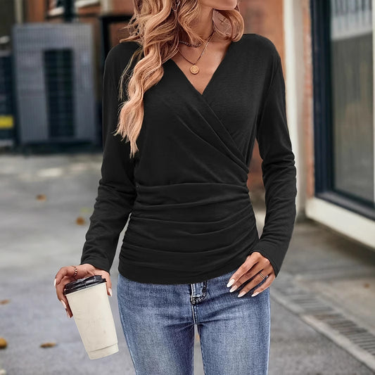 Long-sleeved V-neck Solid Color T-shirt Casual Top