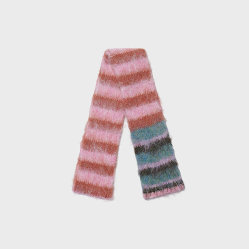 Contrast-color Striped Knit Women's Narrow Soft And Fluffy Wool Scarf
