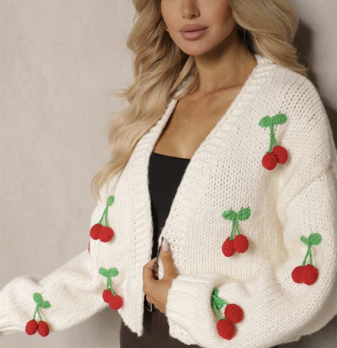 Cherry Pattern Women's Elegant Cardigan Sweater