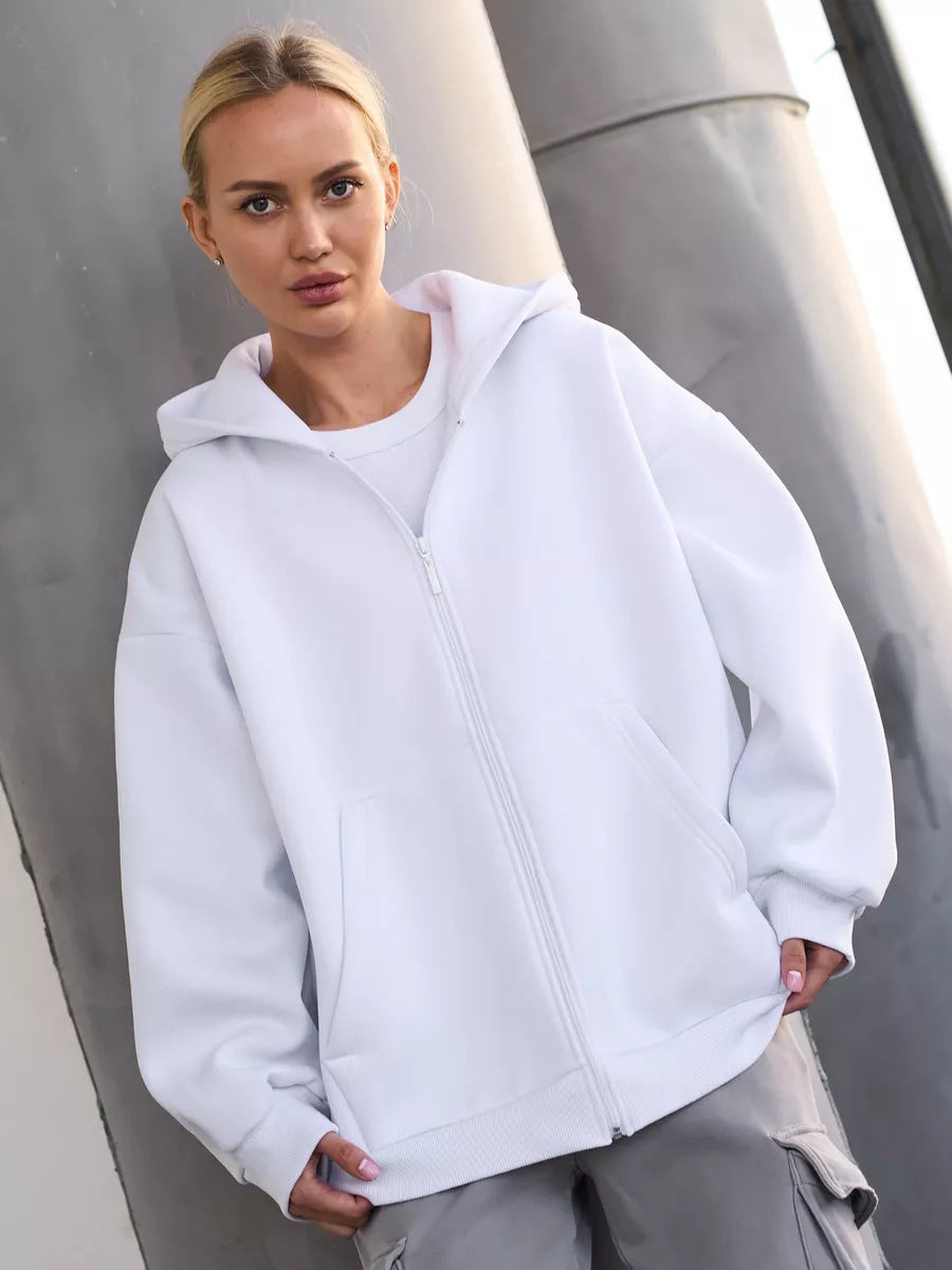 Casual Loose Long Sleeve Hooded Zip-up Sweatshirt