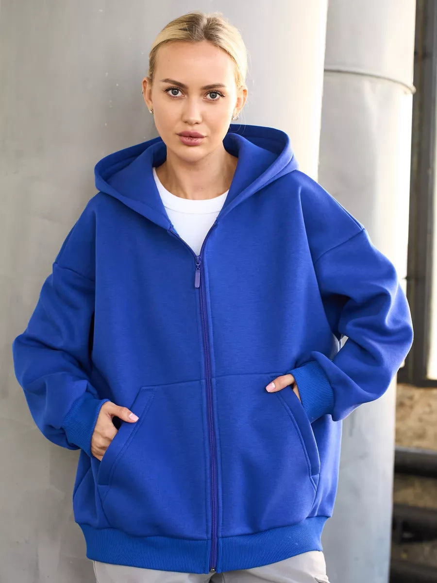Casual Loose Long Sleeve Hooded Zip-up Sweatshirt