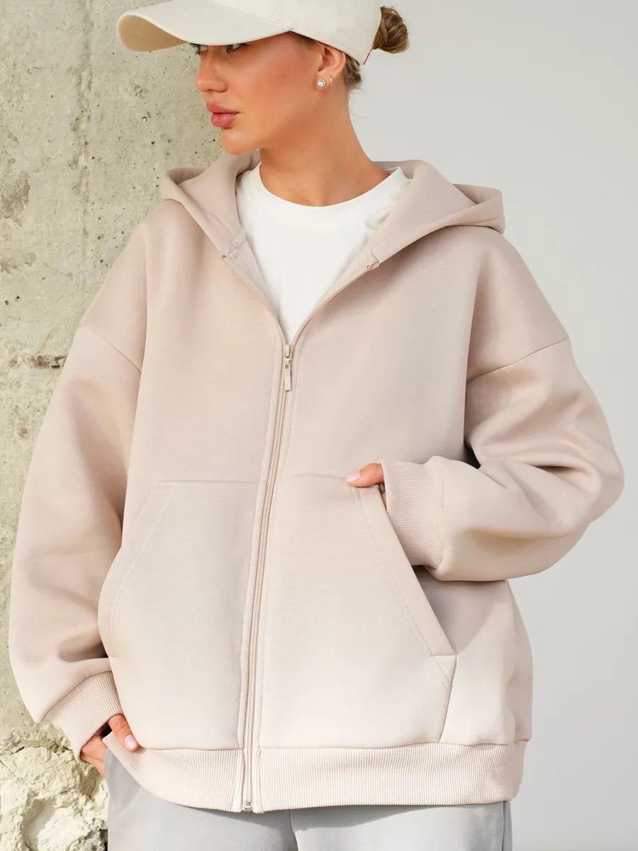 Casual Loose Long Sleeve Hooded Zip-up Sweatshirt