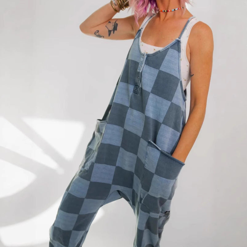 Fashion Plaid Colored Mosaic Loose Casual Jumpsuit