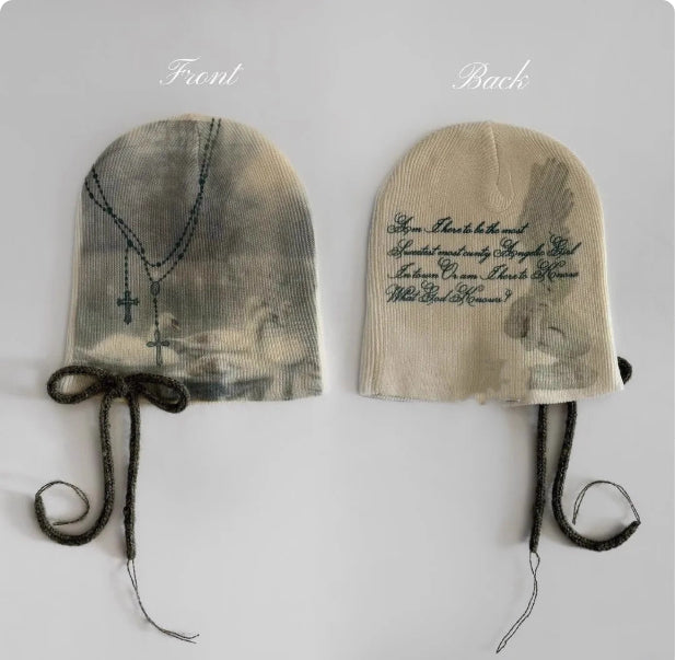 Printed Bow Knit Hat, Warm Ear-covering Beanie, Flattering And Versatile