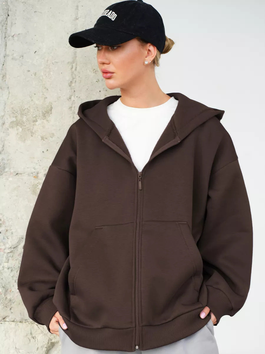 Casual Loose Long Sleeve Hooded Zip-up Sweatshirt