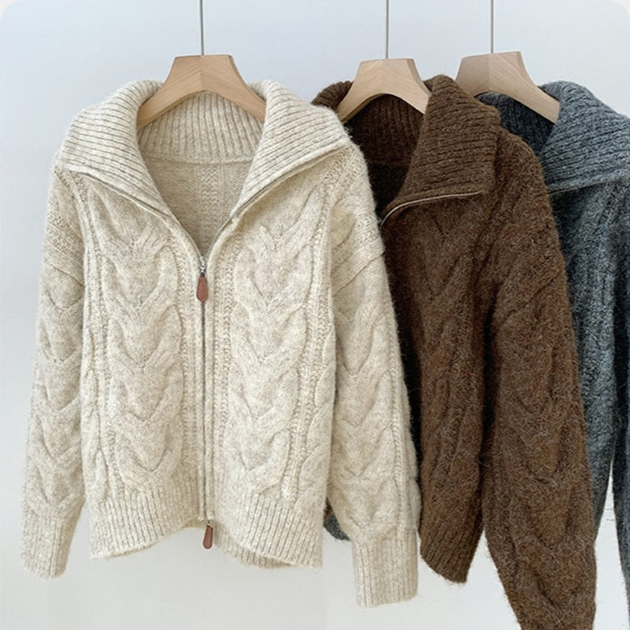 Double Zipper Cable Knit Sweater Coat For Women
