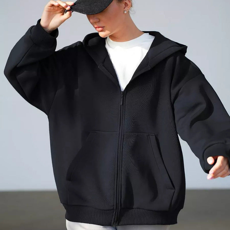 Casual Loose Long Sleeve Hooded Zip-up Sweatshirt