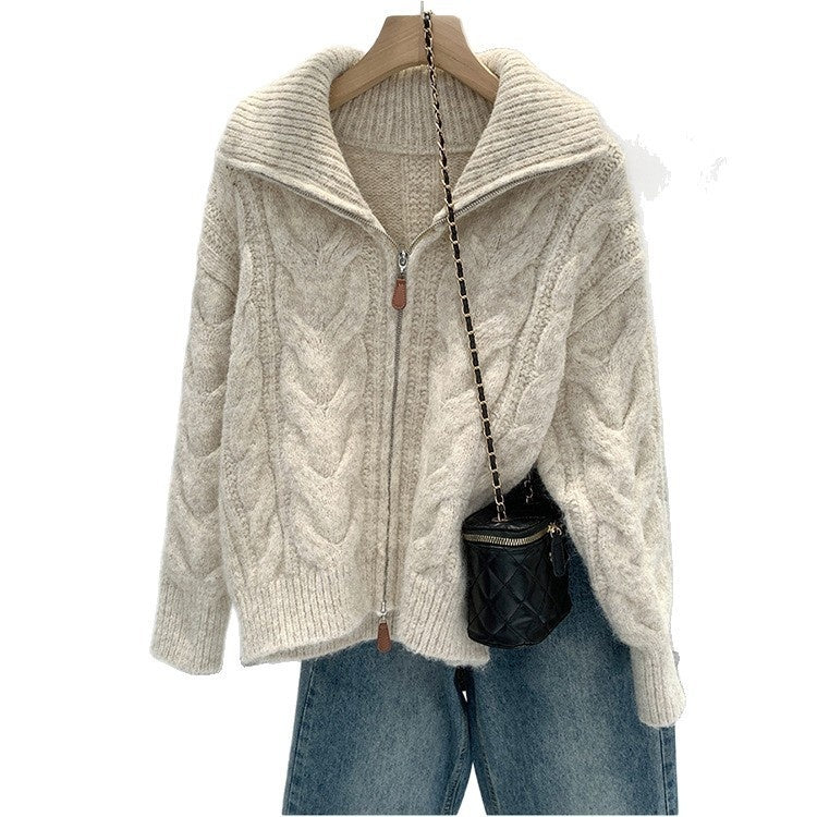 Double Zipper Cable Knit Sweater Coat For Women