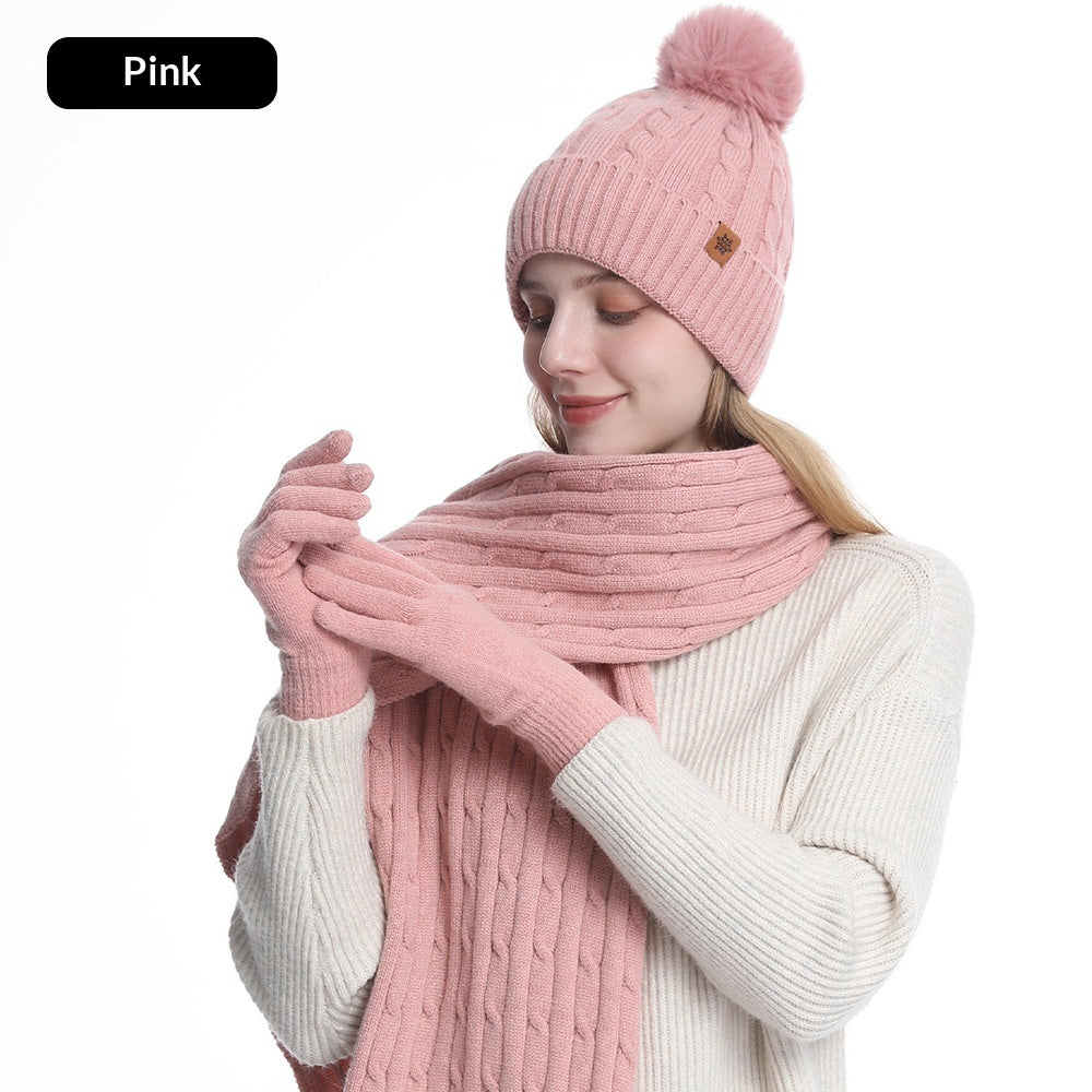 Women's Winter Warm Riding Ear Protection Knitted Hat Scarf Gloves