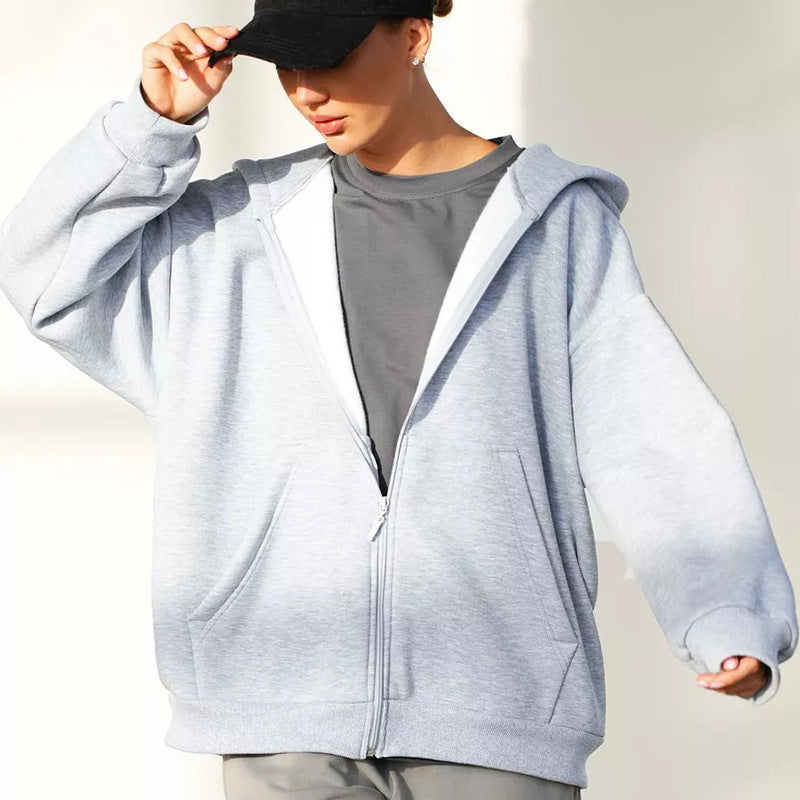 Casual Loose Long Sleeve Hooded Zip-up Sweatshirt