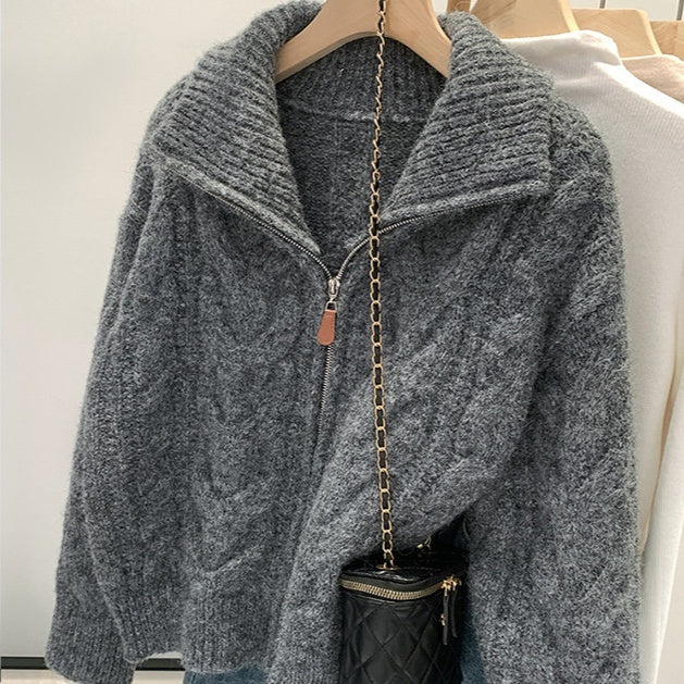 Double Zipper Cable Knit Sweater Coat For Women