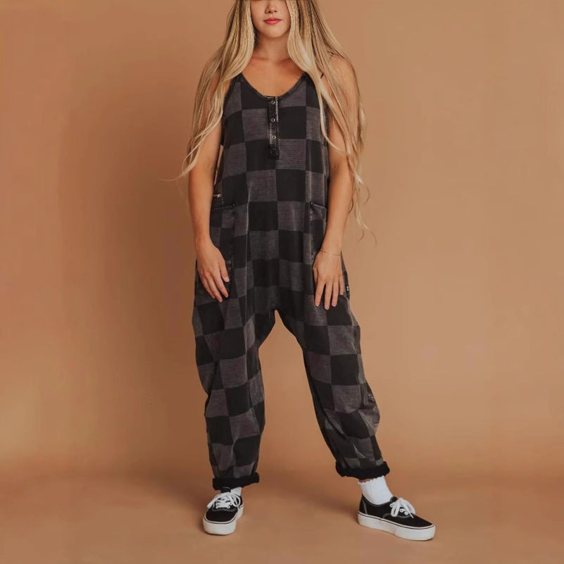 Fashion Plaid Colored Mosaic Loose Casual Jumpsuit
