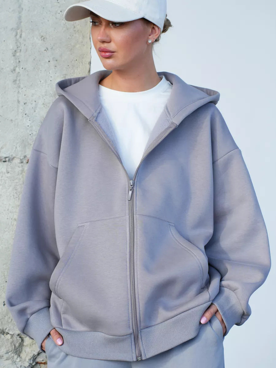 Casual Loose Long Sleeve Hooded Zip-up Sweatshirt