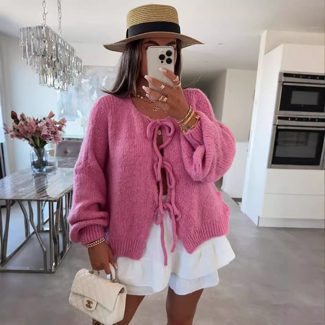 Casual Knitted Bow Cardigan