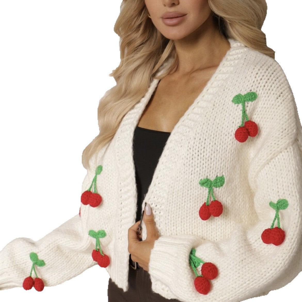 Cherry Pattern Women's Elegant Cardigan Sweater