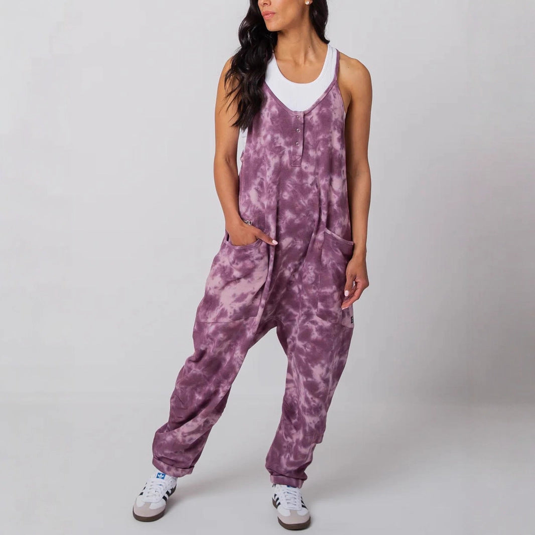 Fashion Plaid Colored Mosaic Loose Casual Jumpsuit