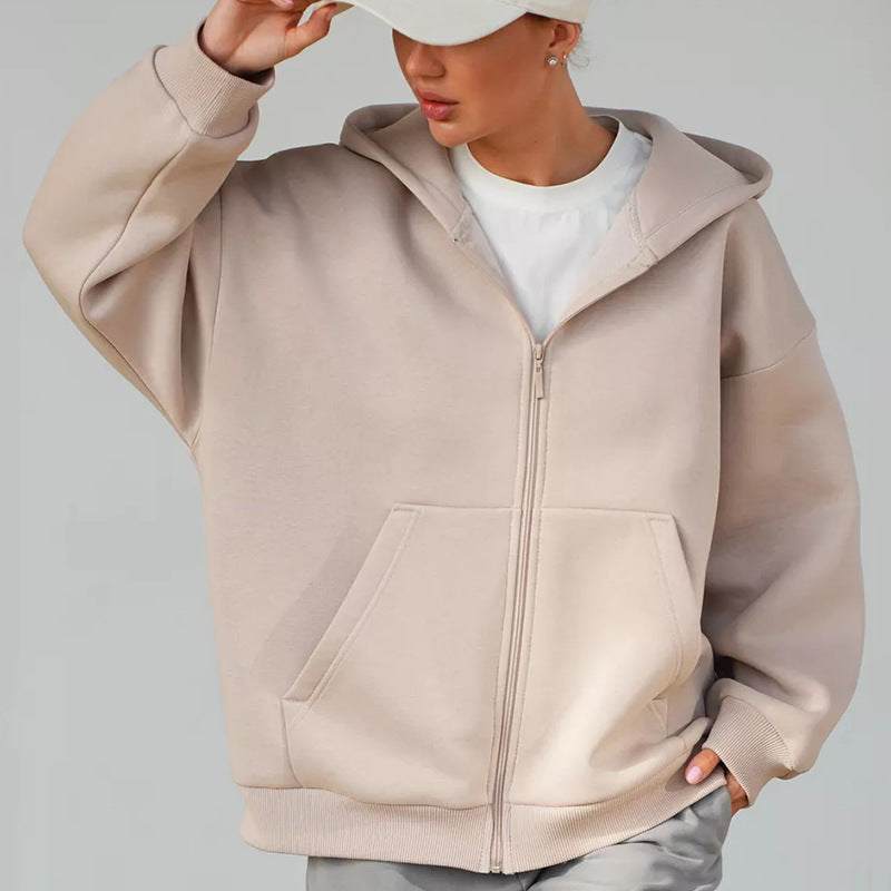 Casual Loose Long Sleeve Hooded Zip-up Sweatshirt