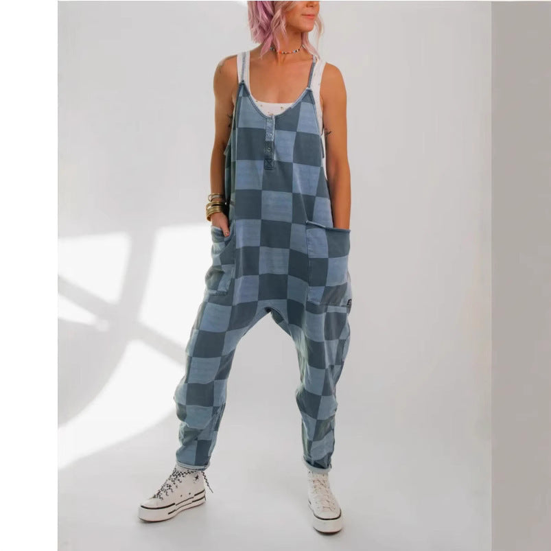 Fashion Plaid Colored Mosaic Loose Casual Jumpsuit