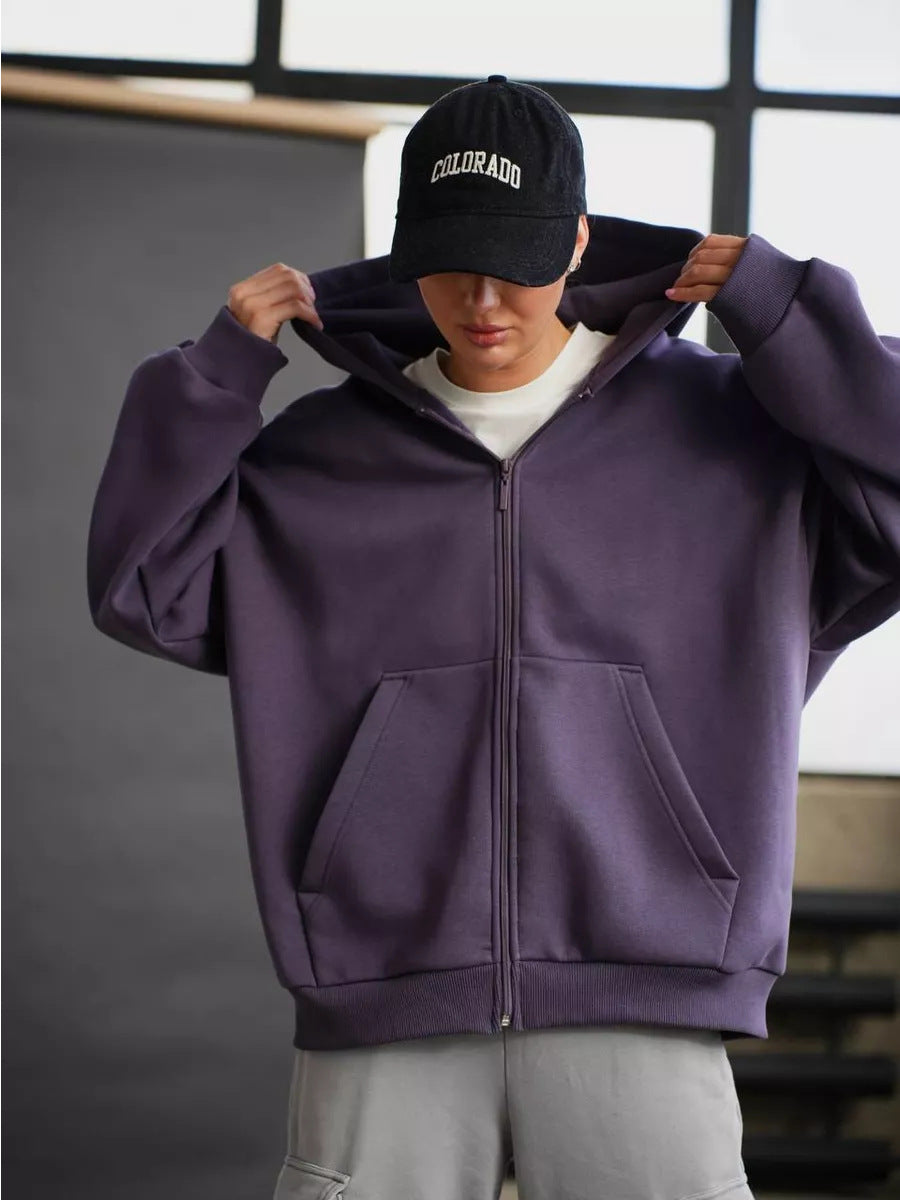 Casual Loose Long Sleeve Hooded Zip-up Sweatshirt