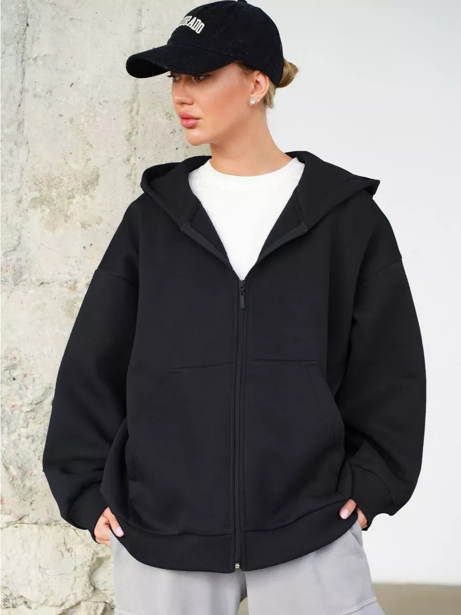 Casual Loose Long Sleeve Hooded Zip-up Sweatshirt