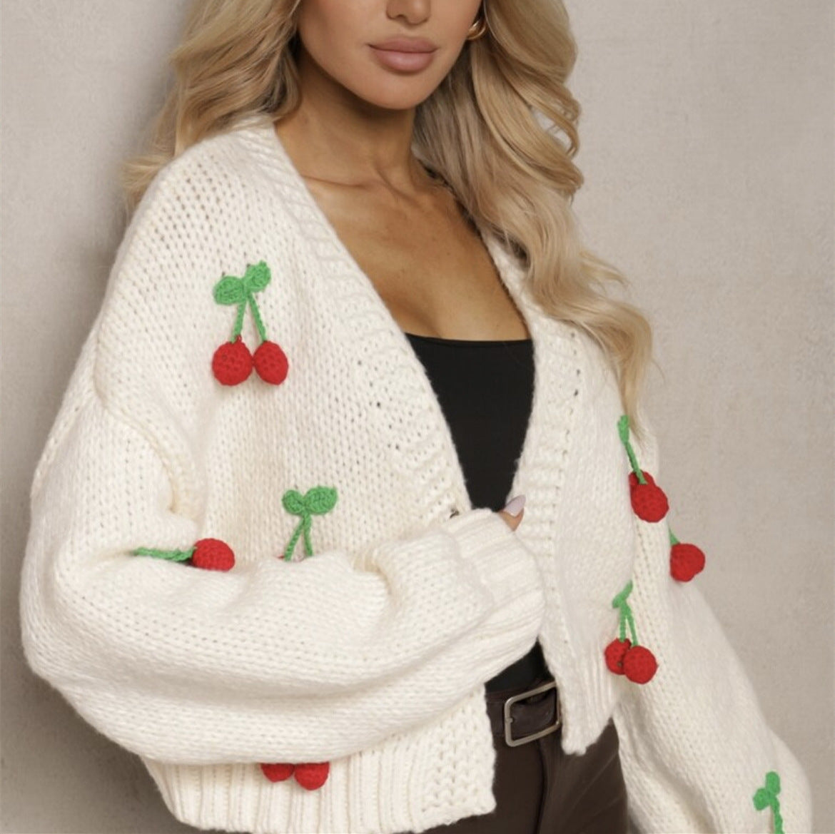 Cherry Pattern Women's Elegant Cardigan Sweater