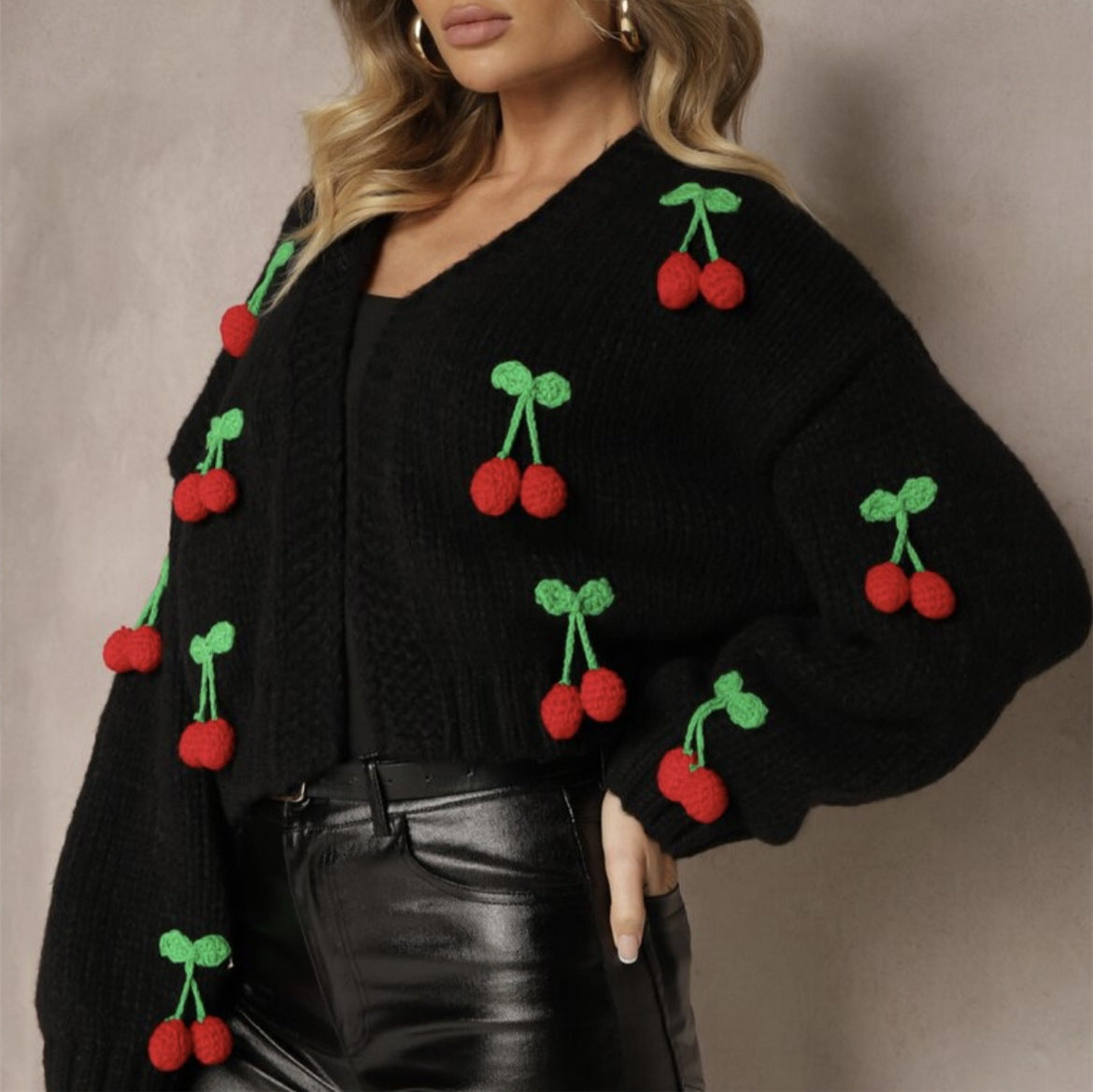 Cherry Pattern Women's Elegant Cardigan Sweater