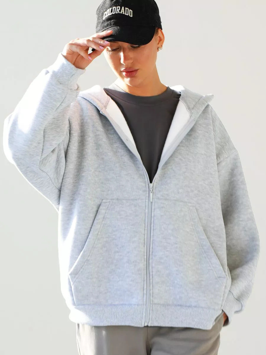 Casual Loose Long Sleeve Hooded Zip-up Sweatshirt
