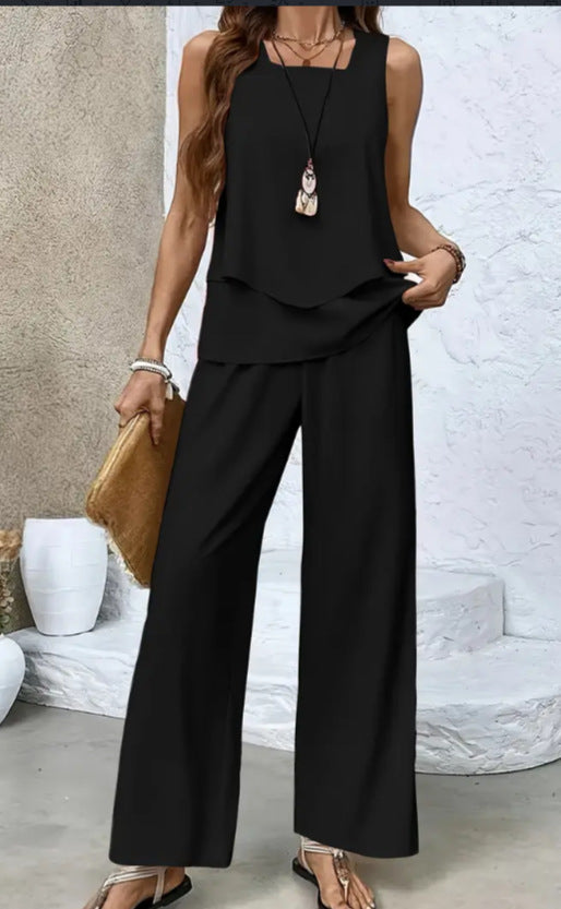 Print Suits Sleeveless Double-layer Vest And Loose Straight Pants Womens Clothing